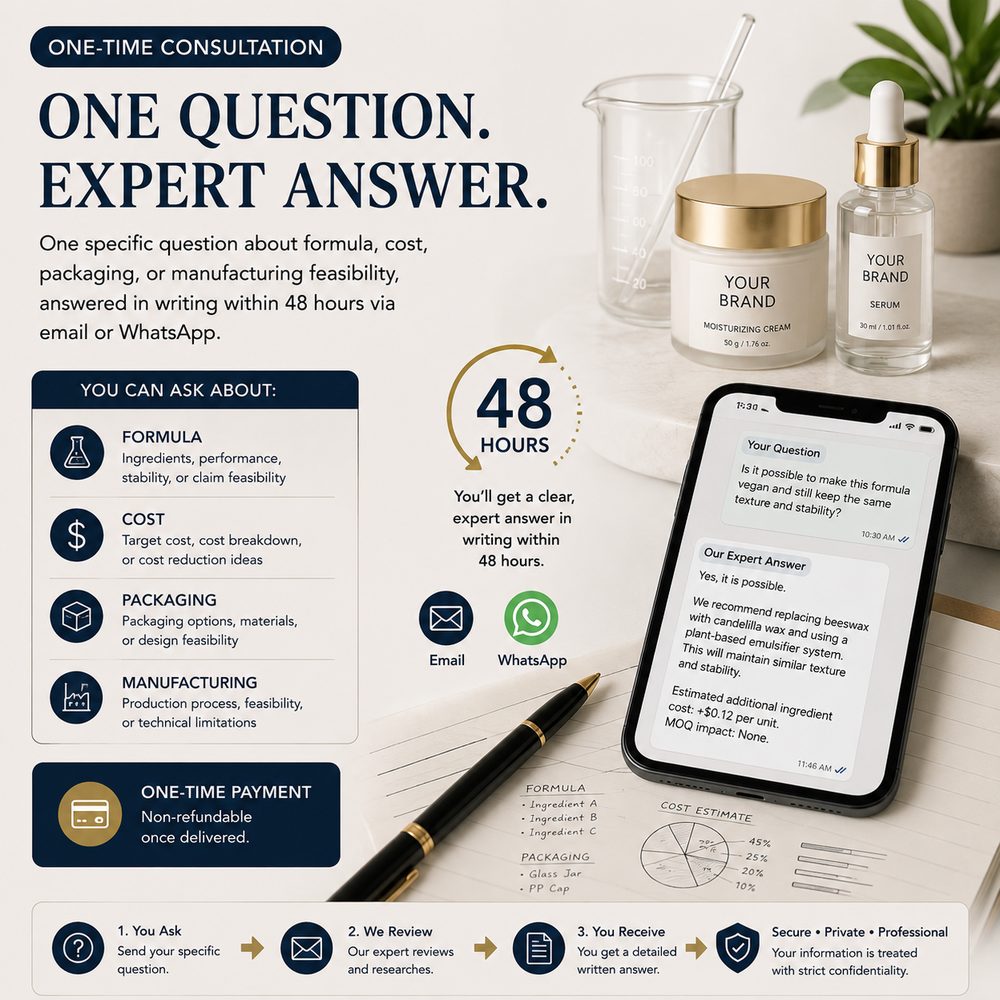 Single Question consultation — one specific question about formula, cost, packaging, or manufacturing feasibility, answered within 48 hours