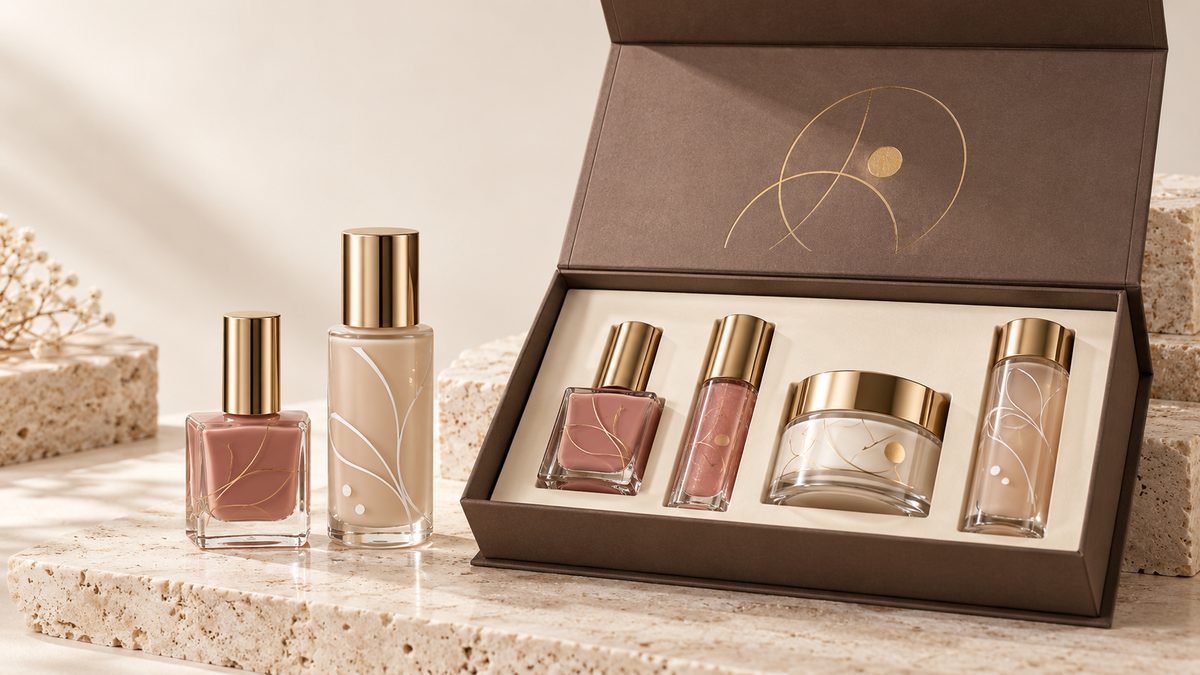 Custom nail polish and cosmetic packaging example: glass nail polish bottle, lip gloss tube, cream jar and serum bottle with gold caps and gold line-art decoration in a brown magnetic gift box with hot-stamped gold logo